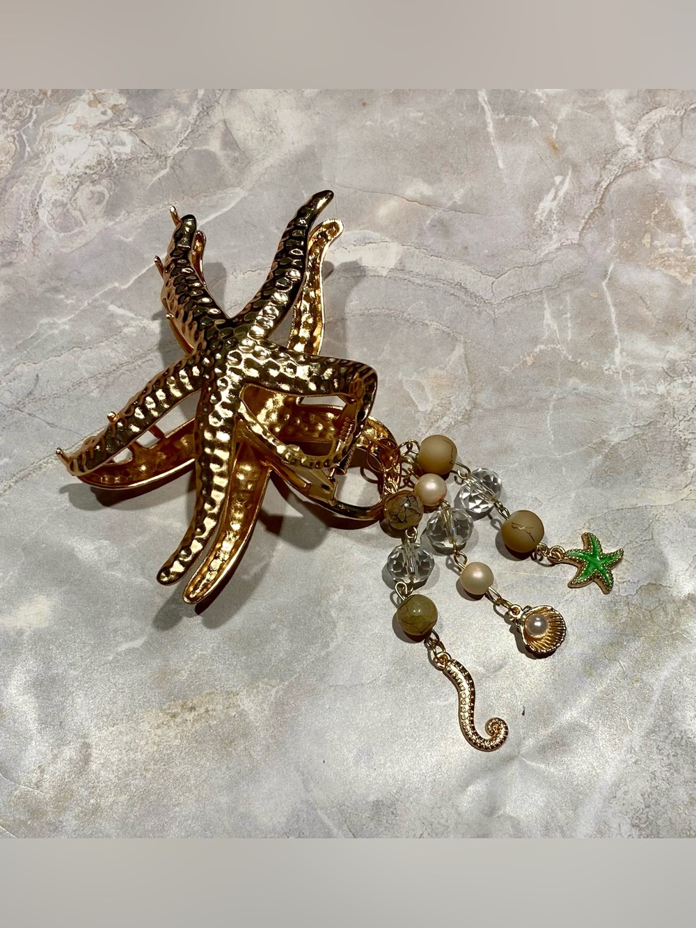 Gold Starfish Hair Clip with Green Starfish and Bead Charms